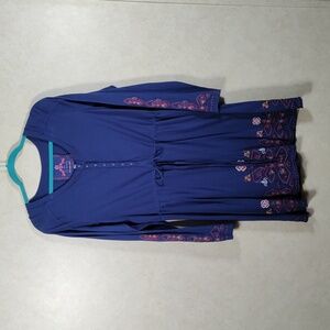 02577 Johnny Was navy blue cotton knit embroidered L/S dress M NWT